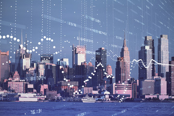 Data theme hologram drawing on city view with skyscrapers background double exposure. Technology concept.