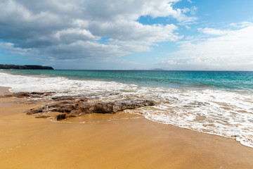 Panorama of beautiful beach and tropical sea of Lanzarote. Canaries