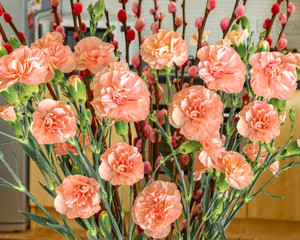 Every Kitchen in Summer Needs Pink Carnations backed by Red and Pink Pussy Willow Brier Sticks.