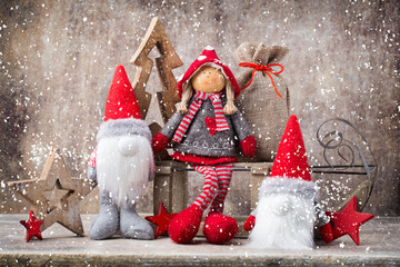 Christmas greeting card. Noel gnome background. Christmas symbol.