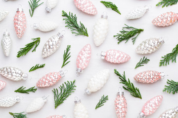 Christmas composition. Gifts, cones decorations on white background. Christmas, winter, new year concept. Flat lay, top view, copy space..  Flat lay. Top view.