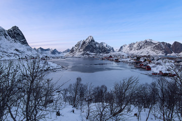 Beautiful landscape from Reine fishing village in winter season, Lofoten islands, Norway