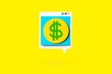 Isolated speech bubble, like a screen computer, with dollar sign concept on yellow background. Crypto currency concept.