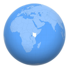 Kenya on the globe. Earth centered at the location of the Republic of Kenya. Map of Kenya. Includes layer with capital cities.