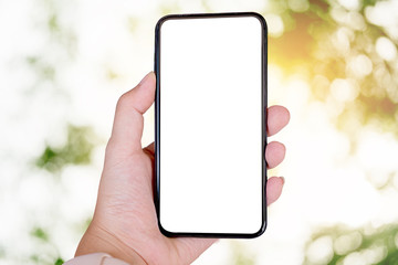 woman using Smartphone. Blank screen mobile phone for graphic display montage.networking service..