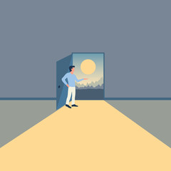 A man points to an open door behind which is a bright sunny mountain landscape. Direct sunlight illuminates the floor of the room. Free space for text and labels. Vector concept of mentoring.