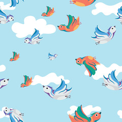 seamless pattern birds flying in the clouds