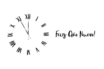 Clock dial Happy new year Spanish handwritten text.