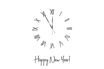 Clock dial Happy new year handwritten text.