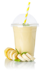 Banana smoothie fruit juice drink milkshake milk shake in a cup isolated on white