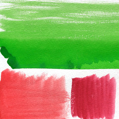 Abstract watercolor background. Green and redl labels and banners isolated on white. Wet watercolor texture.