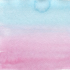 Watercolor wet background. Blue and pink. Abstract hand painted watercolor background. Water drop