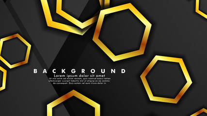 Vector background design that overlaps with hexagon gold color gradients on black space for text and background design
