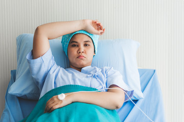 Asian female patient Which is cancer, lying in the patient's bed Are stressed From the process of treating their own diseases, to health care and insurance concept.