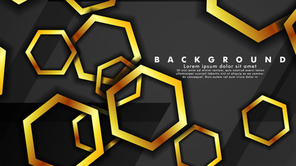 Vector background design that overlaps with hexagon gold color gradients on black space for text and background design