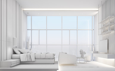 Modern luxury bedroom and living area with wooden and marble texture, all white concept. 3d rendering