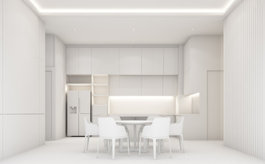 Modern luxury dining area and kitchen with wooden and marble texture, all white concept. 3d rendering