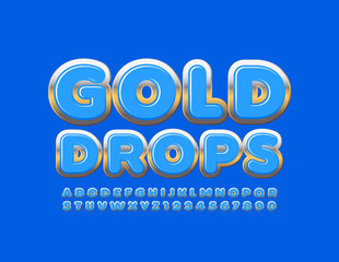 Vector chic sign Gold Drops. Blue and Gold shiny Alphabet Letters and Numbers. Shiny Uppercase Font