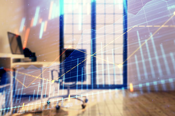 Forex chart hologram with minimalistic cabinet interior background. Double exposure. Stock market concept.