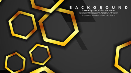 Vector background design that overlaps with hexagon gold color gradients on black space for text and background design