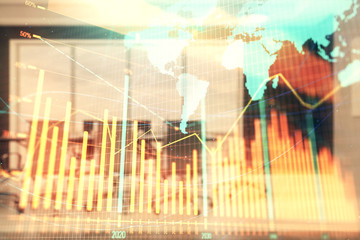 Double exposure of stock market graph with globe hologram on conference room background. Concept of international finance