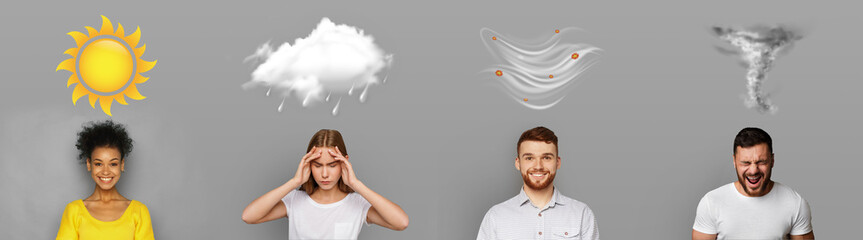 Four different weather conditions with human mood on gray - obrazy, fototapety, plakaty