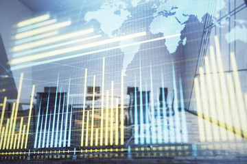 Double exposure of stock market graph with globe hologram on conference room background. Concept of international finance