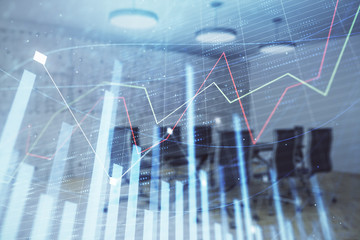 Multi exposure of stock market graph on conference room background. Concept of financial analysis