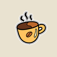 Vector illustrations of coffee cup on white background in doodle cartoon style. Isolated on white, for stickers, pins, badges, fashion embroidery, temporary tattoos. Hand-drawn illustration.