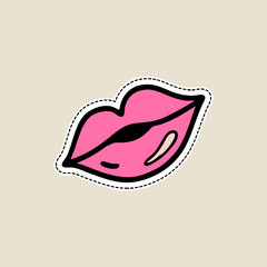 Pink lips on white background in doodle cartoon style. Isolated on white, for stickers, pins, badges, fashion embroidery, temporary tattoos. Hand-drawn illustration.