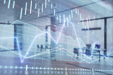 Stock and bond market graph with trading desk bank office interior on background. Multi exposure. Concept of financial analysis