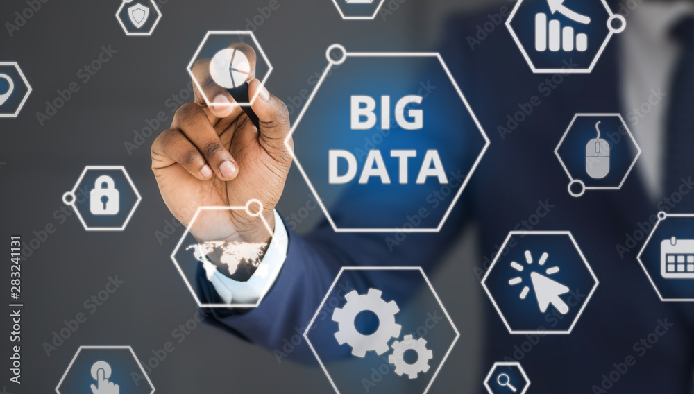 Poster businessman choosing one option of big data network