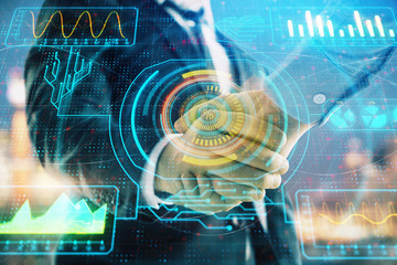 Double exposure of abstract technology drawing on cityscape background with two businessmen handshake. Concept of tech role in business
