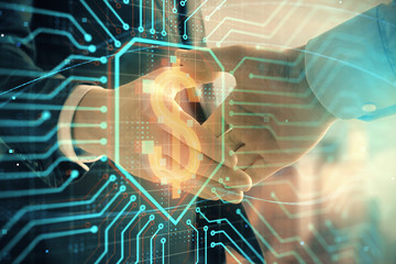 Double exposure of business theme drawing on cityscape background with handshake. Concept of partnership