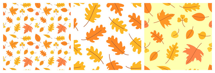 Autumn leaves. Seamless pattern set. Vector yellow and orange leaf. Scrapbook, gift wrapping paper, textiles. Hello, october. Color background