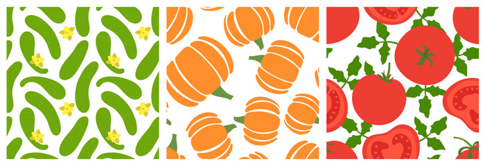 Cucumber, pumpkin, tomato. Vegetables seamless pattern set. Fashion design. Food print for clothes, linens or curtain. Hand drawn vector sketch background collection