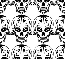 Vector seamless pattern of black sugar skull with geometric ornament on white background. Coloring page book for Mexican Day of the Dead