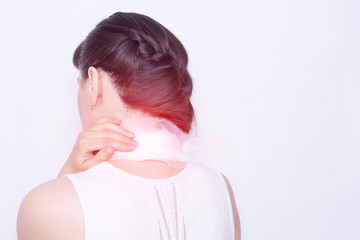 A girl with a medical compress on the neck, which has pain and inflammation of the neck muscles,...