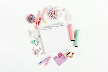 School supplies. Stylish stationery  in pastel color. Flat lay, top view.