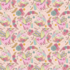 Children's seamless vector pattern. Cute, happy pink ponies among the stars and flowers. Fairy pony baby. The mythical pony for children. Beautiful background for textiles, paper, packaging,