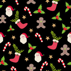 Seamless Christmas pattern Santa Papa Noel navidad christmas tree. Vector illustration. - Vector