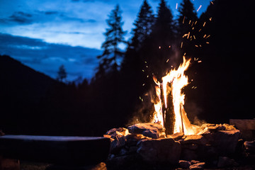 Camping bonfire with yellow and red flames in summer, forest. Copy space.