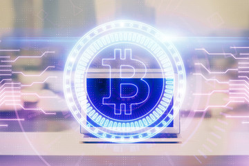 Double exposure of blockchain and crypto economy theme hologram and table with computer background. Concept of bitcoin cryptocurrency.