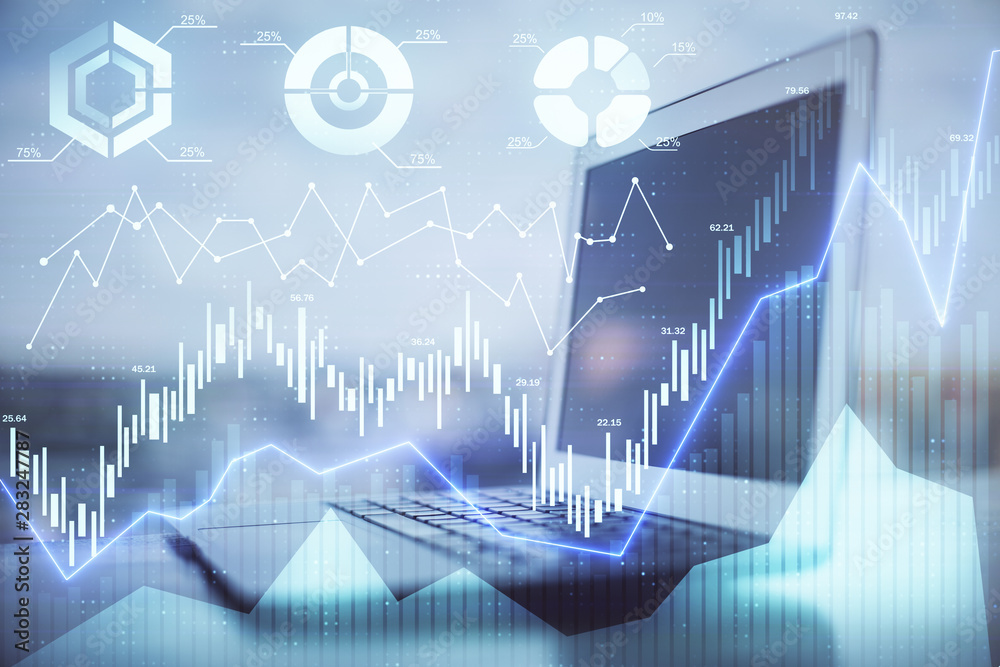 Poster stock market graph and table with computer background. double exposure. concept of financial analysi