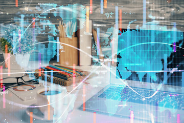 Double exposure of business theme icons and work space with computer background. Concept of success.