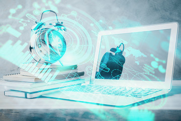 Double exposure of business theme icons and work space with computer background. Concept of success.