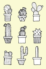 Set of nine cactus illustration. Hand drawn cartoon cactus illustration. Great for fabric, textile, background, wrapping paper, invitation, stickers