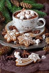 Hot cocoa with marshmallows and gingerbread cookies on the wooden background. Christmas concept