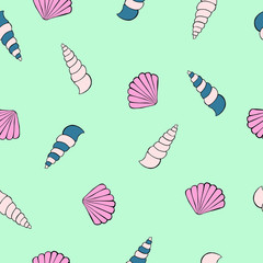 Seamless pattern with shells and starfishes. Marine background. Sketch style. Great for greetings, invitations, wrapping paper, textile, wedding, wallpaper  and web design. Vector illustration