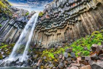 Amazing view of Svartifoss waterfall with basalt columns on South Iceland.